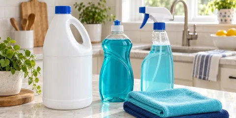 Productos de limpieza sobre una mesada de cocina